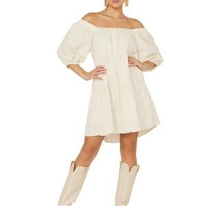 Saints & Hearts Cream Off-Shoulder Puff Sleeve Linen Blend Mini Dress Size L
